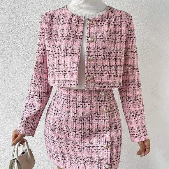 Pink Elegant Women's Plaid Button Front Crop Jacket & Skirt - Picture 6 of 6